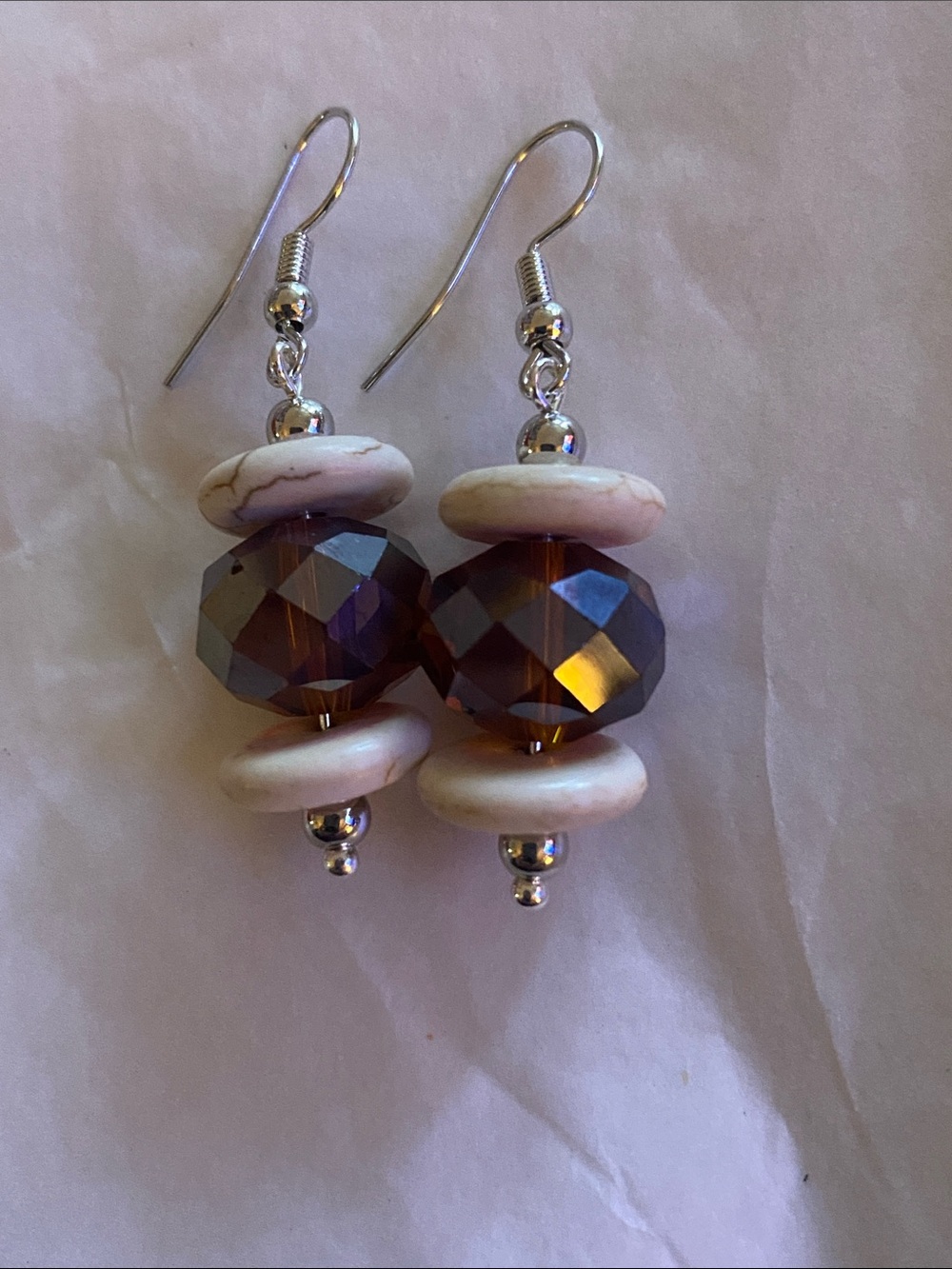 Brown Crystal Drop Earrings with Cream Accents